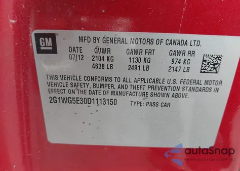 2013 Chevrolet Impala Lt z USA, uszkodzony, nr VIN 2G1WG5E30D1113150